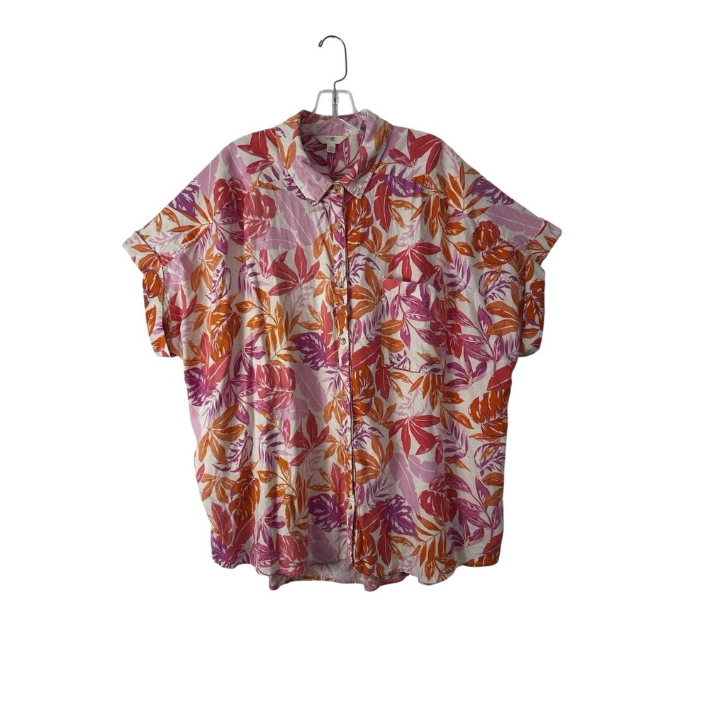 Terra & Sky Linen Blend Button Down Shirt Womens 2X 20W-22W Tropical Beachy Top